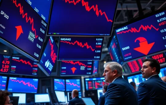 US stock market trading floor during major indices decline showing S&P 500, Nasdaq, and Dow Jones losses