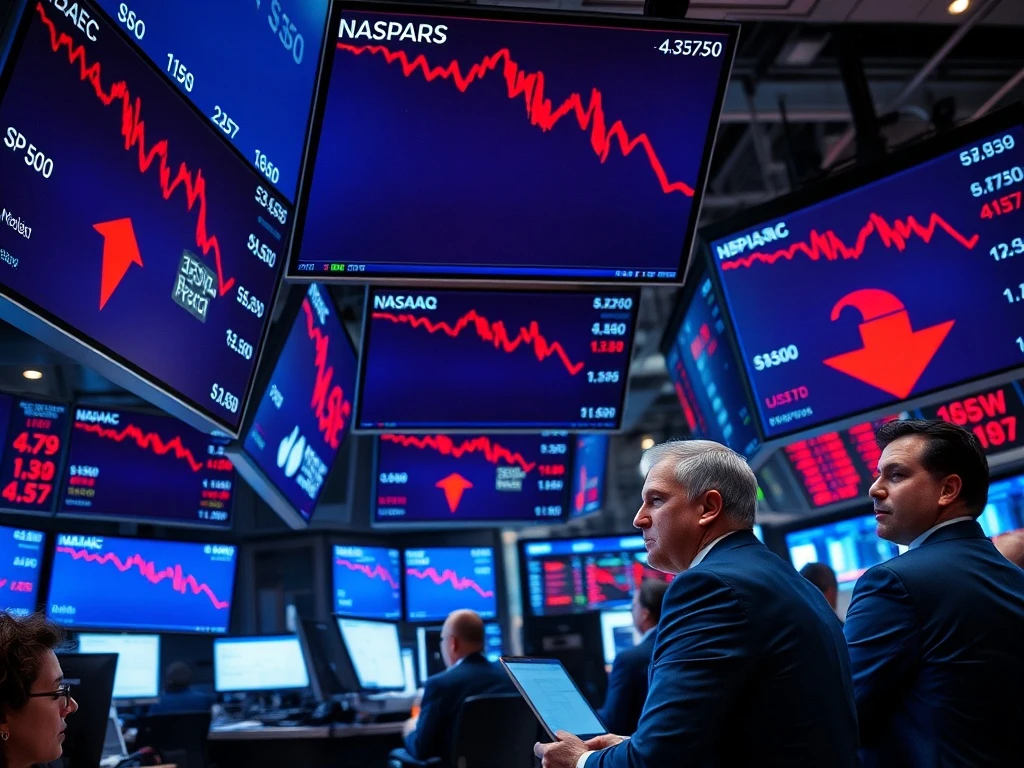 US stock market trading floor during major indices decline showing S&P 500, Nasdaq, and Dow Jones losses