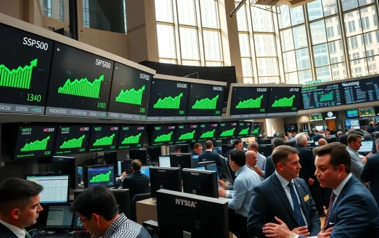 US stock market trading floor with indices showing gains on digital displays