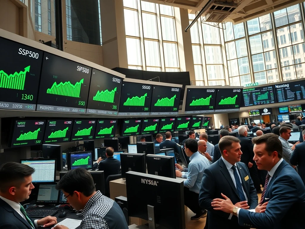 US stock market trading floor with indices showing gains on digital displays