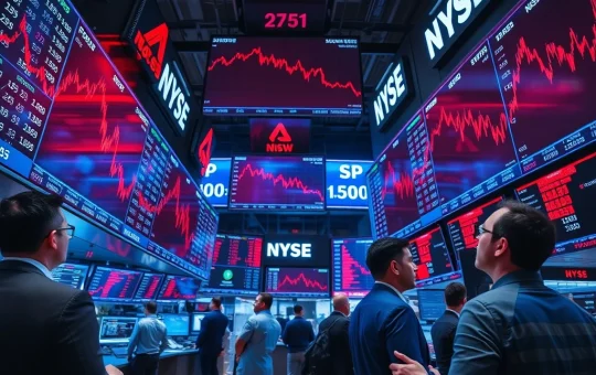 US stock market indices showing declines on trading floor displays with S&P 500 and Dow Jones falling