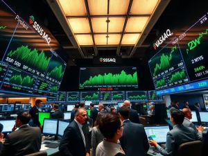 Trading floor activity as major US stock market indices show gains at market open.