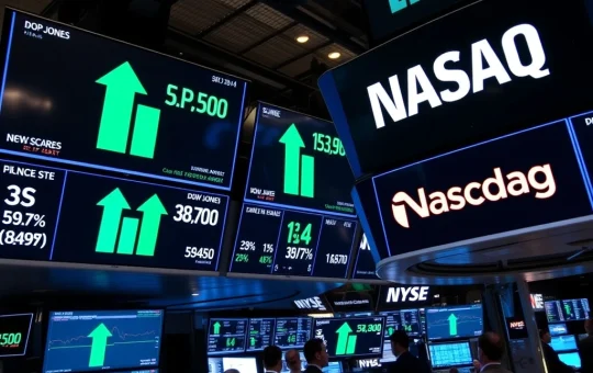 US stock market trading floor showing major indices opening higher with gains
