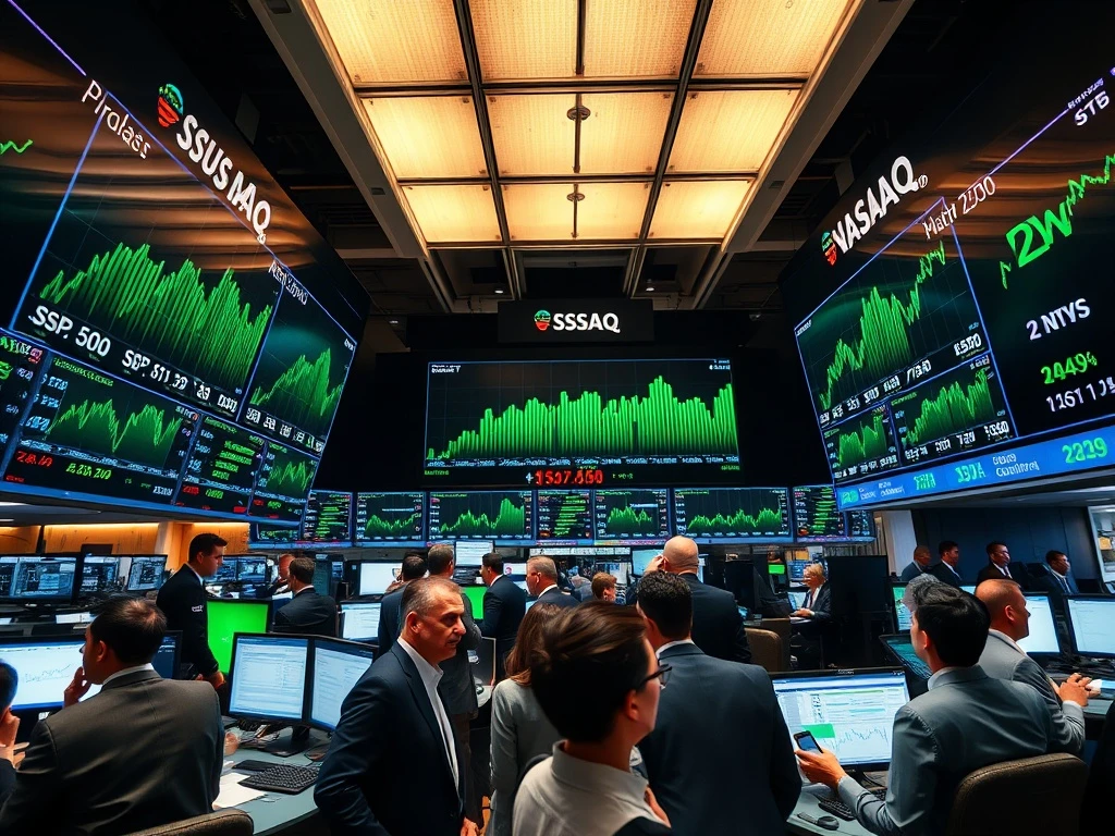 Trading floor activity as major US stock market indices show gains at market open.