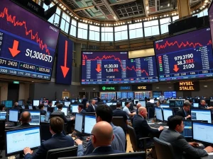 Major US stock indices showing declines on trading floor displays with S&P 500, Nasdaq, and Dow Jones all trending downward