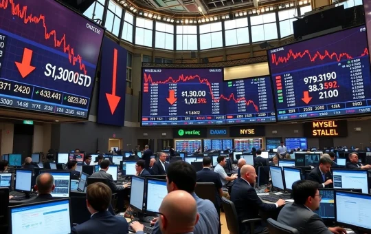 Major US stock indices showing declines on trading floor displays with S&P 500, Nasdaq, and Dow Jones all trending downward