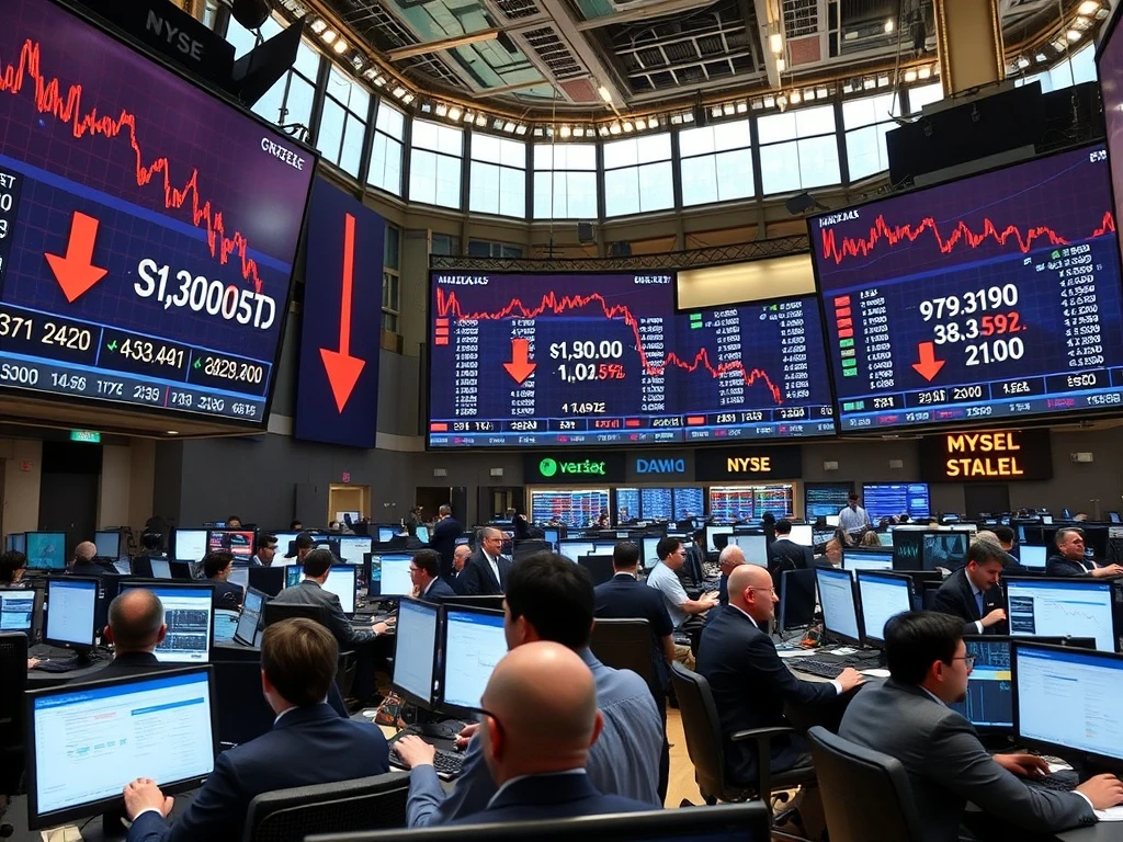 Major US stock indices showing declines on trading floor displays with S&P 500, Nasdaq, and Dow Jones all trending downward