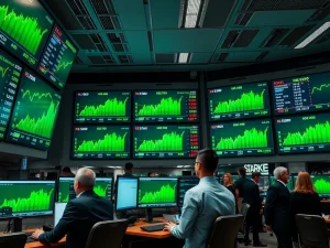 US stocks showing gains on trading floor displays with S&P 500, Nasdaq, and Dow Jones indices trending upward