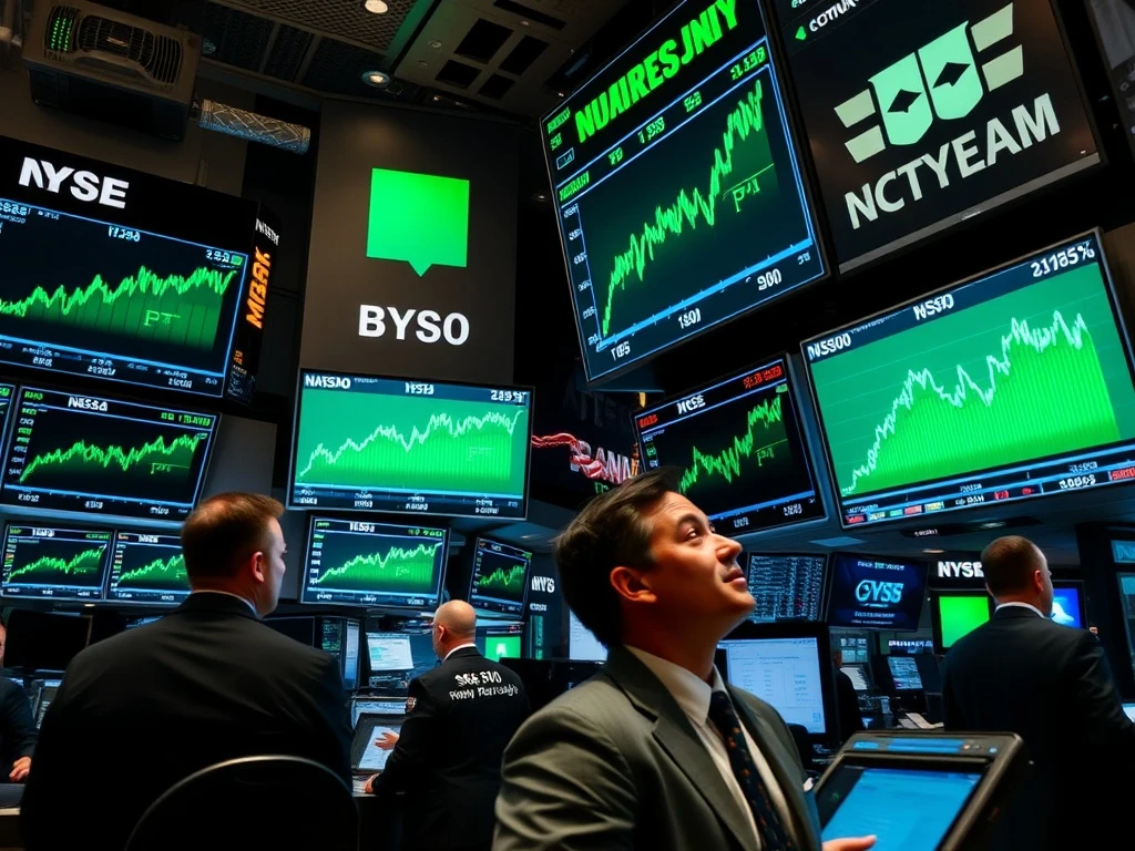 US stocks open higher with major indices showing gains on trading floor displays