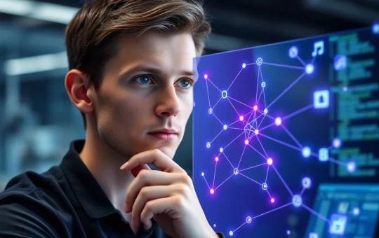 Vitalik Buterin analyzing a decentralized social media network graph, representing his 2025 return to Web3 communication platforms.