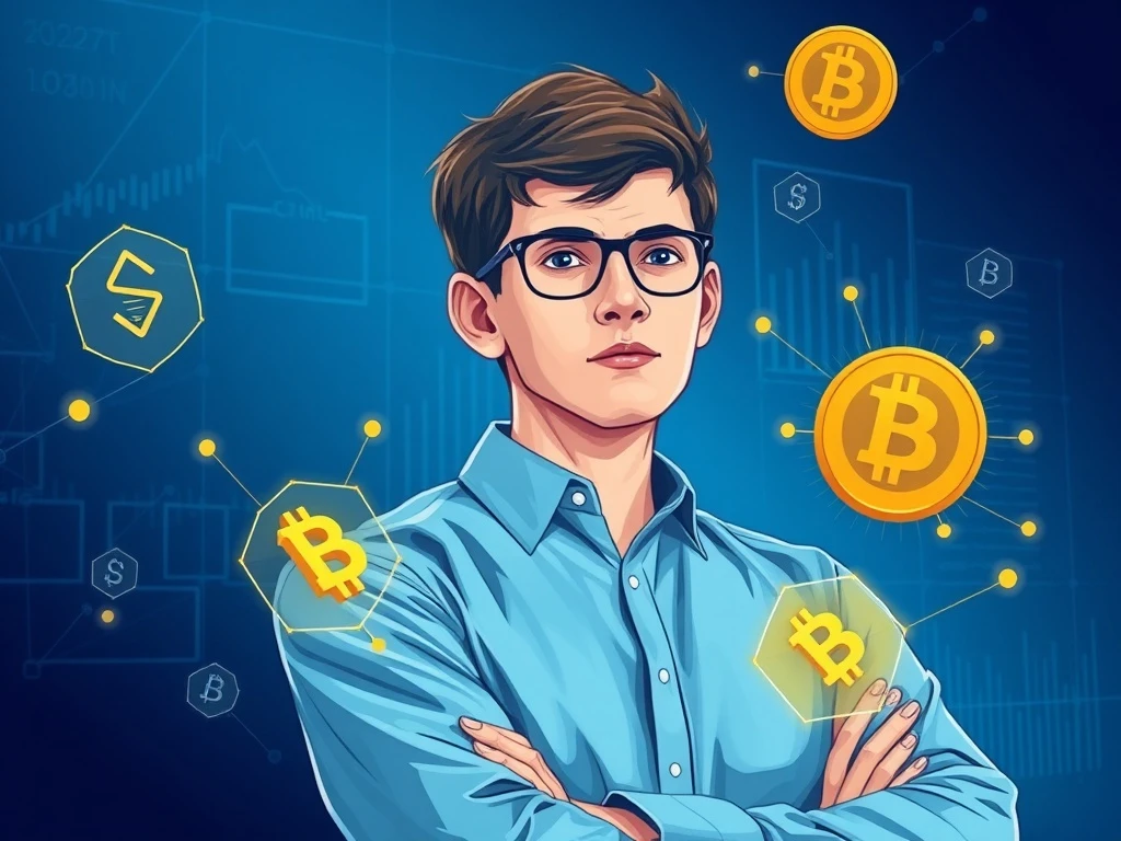 Vitalik Buterin discussing decentralized stablecoin challenges with blockchain visualization