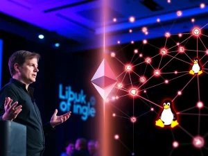 Vitalik Buterin presents Ethereum as Linux of blockchain with network visualization showing decentralized connections