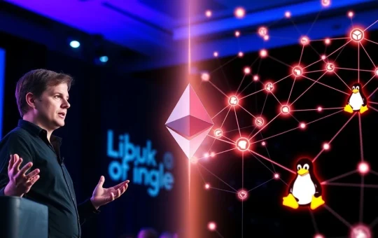 Vitalik Buterin presents Ethereum as Linux of blockchain with network visualization showing decentralized connections