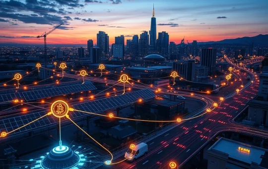 Web3 real economy integration showing blockchain nodes connecting physical infrastructure and autonomous machines in a futuristic city