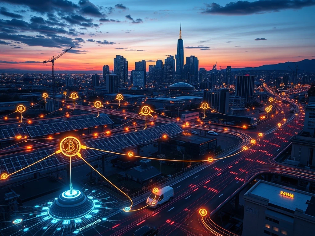 Web3 real economy integration showing blockchain nodes connecting physical infrastructure and autonomous machines in a futuristic city