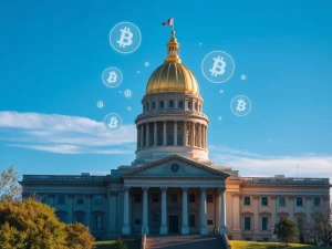West Virginia Capitol with cryptocurrency symbols representing the state's proposed digital asset investment legislation