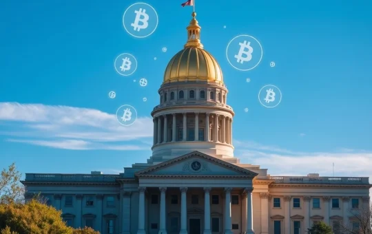 West Virginia Capitol with cryptocurrency symbols representing the state's proposed digital asset investment legislation
