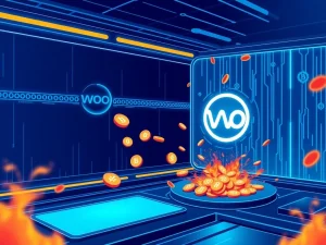 Conceptual visualization of the 300 million WOO token burn reducing total cryptocurrency supply.