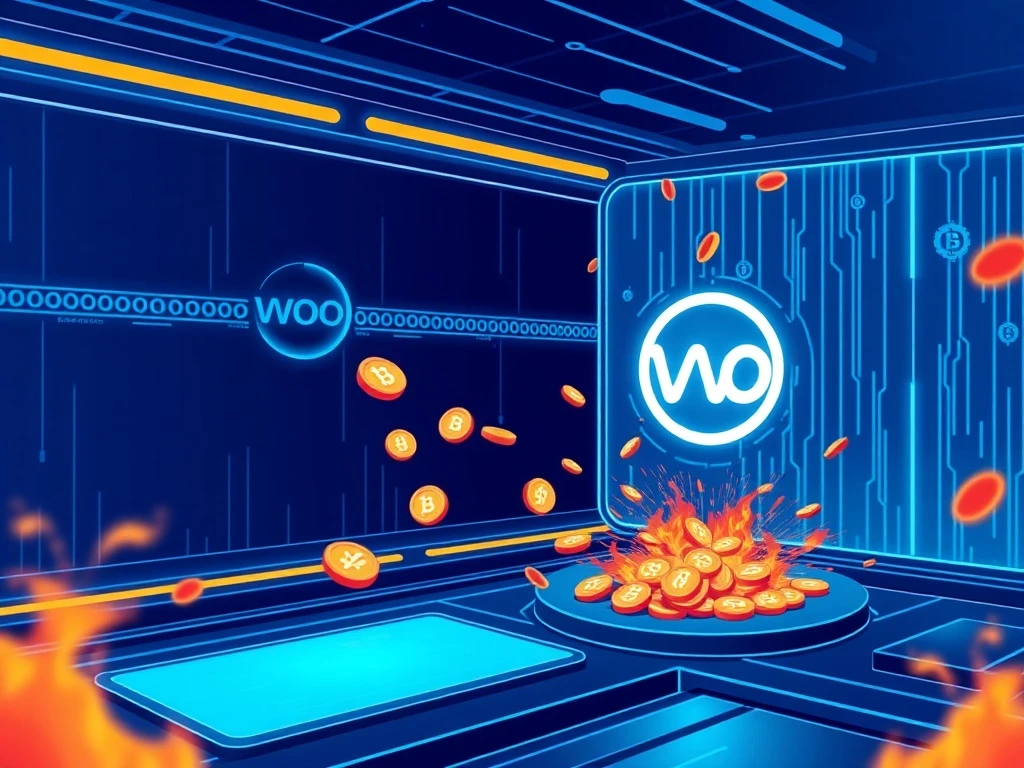 Conceptual visualization of the 300 million WOO token burn reducing total cryptocurrency supply.