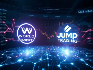 World Liberty Financial WLFI token transfer to Jump Trading visualized on a blockchain network.
