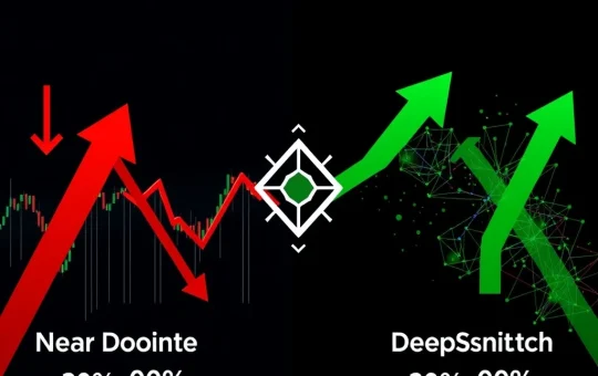 AI cryptocurrency market volatility analysis showing contrasting price movements between different blockchain projects