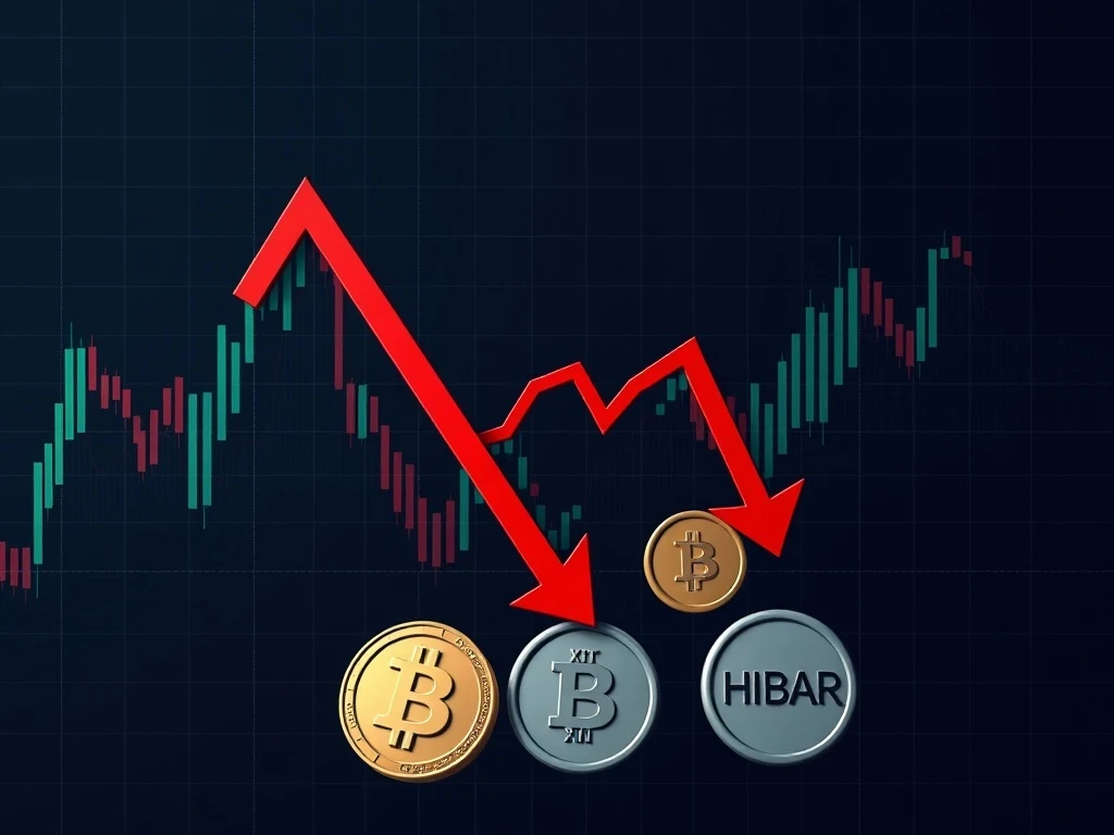Technical analysis showing XRP DOGE ETC XLM HBAR breaking weekly support levels during altcoin market correction
