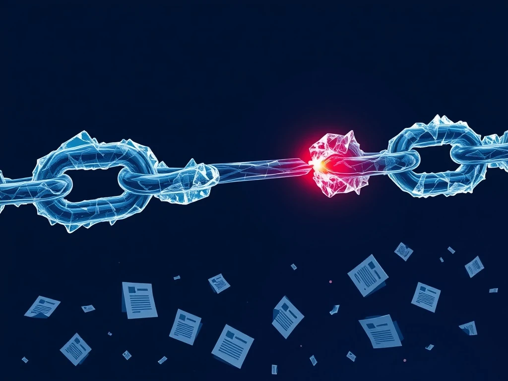 Arweave block production halted, symbolizing a fractured blockchain data chain and network instability.