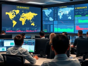 Binance compliance team monitors a 97% drop in sanctions exposure on global transaction dashboards.
