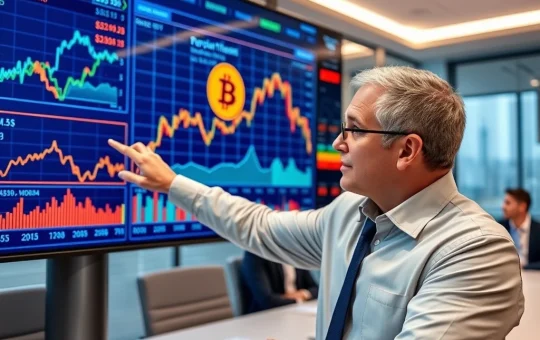 Financial analyst discussing Bitcoin price bottom prediction with technical charts at cryptocurrency conference