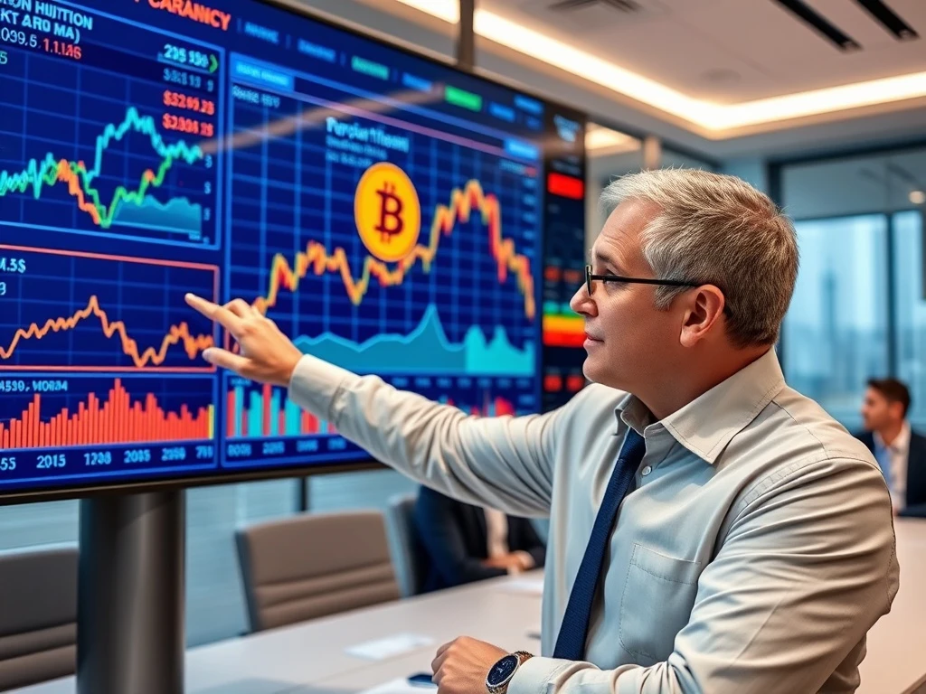 Financial analyst discussing Bitcoin price bottom prediction with technical charts at cryptocurrency conference