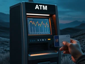 Bitcoin Depot ATM with ID verification requirement alongside a descending Bitcoin chart pattern analysis