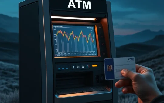 Bitcoin Depot ATM with ID verification requirement alongside a descending Bitcoin chart pattern analysis