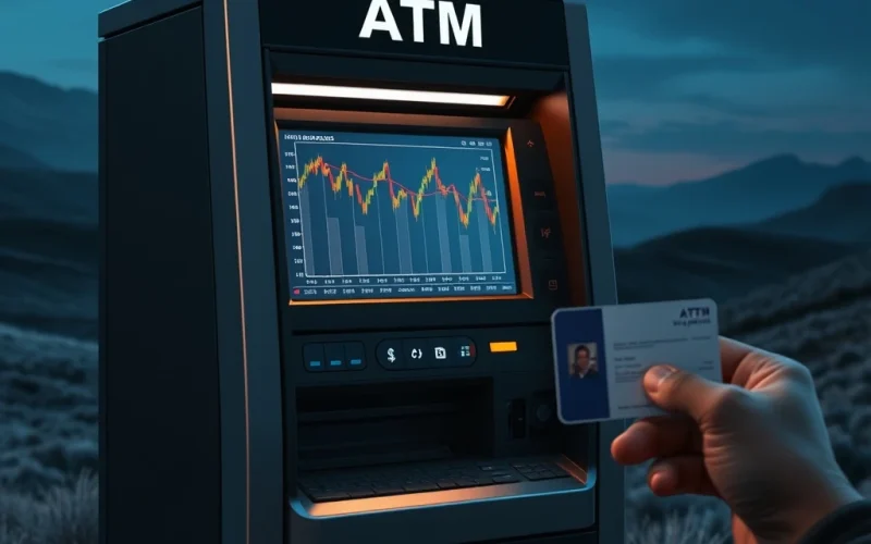 Bitcoin Depot ATM with ID verification requirement alongside a descending Bitcoin chart pattern analysis