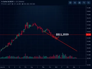 Bitcoin price chart showing descending triangle pattern at critical $61,359 level