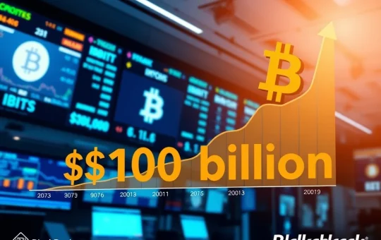 Bitcoin ETF growth chart showing BlackRock IBIT reaching $100 billion assets in 400 days