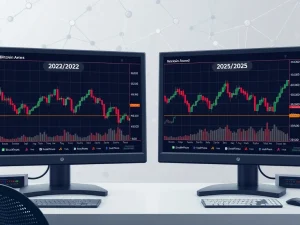 Bitcoin and Ethereum price charts showing similar 50-week EMA patterns from 2022 and 2025 market cycles