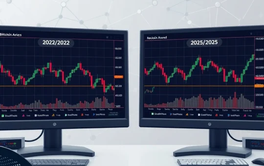 Bitcoin and Ethereum price charts showing similar 50-week EMA patterns from 2022 and 2025 market cycles
