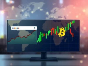 Global Google search interest for Bitcoin surges alongside volatile BTC price chart, indicating heightened retail attention.
