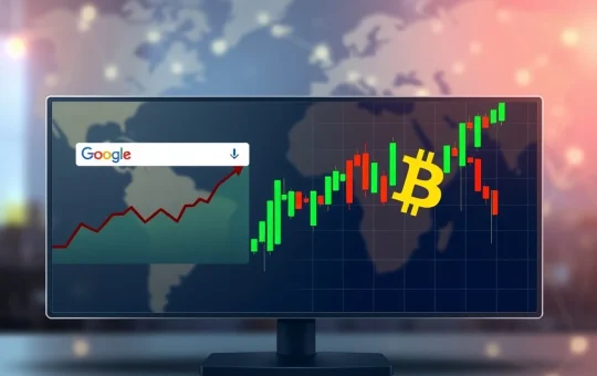 Global Google search interest for Bitcoin surges alongside volatile BTC price chart, indicating heightened retail attention.
