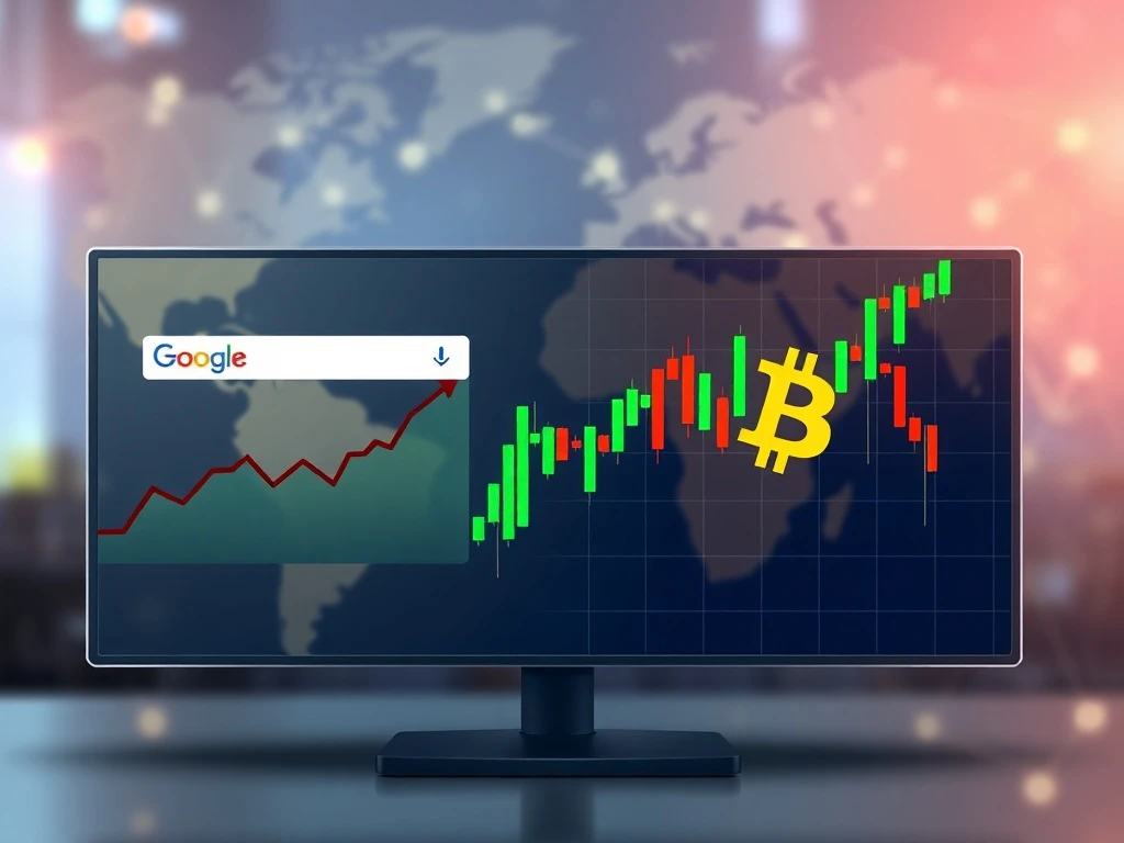 Global Google search interest for Bitcoin surges alongside volatile BTC price chart, indicating heightened retail attention.