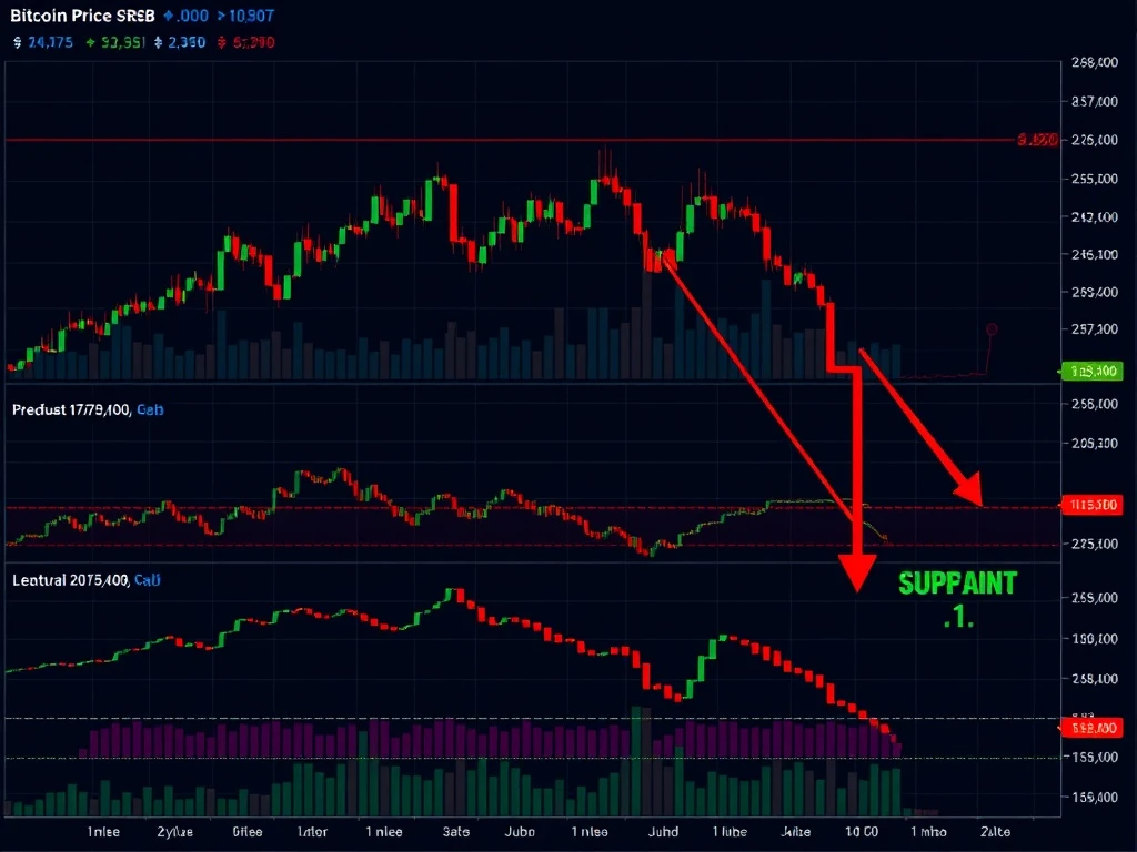 Bitcoin price chart analysis showing critical support levels and technical indicators during market decline