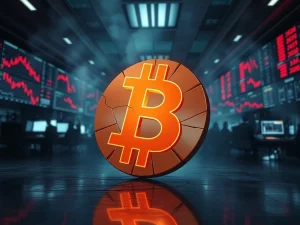 Bitcoin price crashes to a 9-month low, symbolizing a major cryptocurrency market downturn.