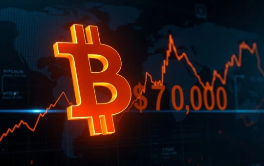 Bitcoin price falling below the $70,000 threshold on a financial market chart.
