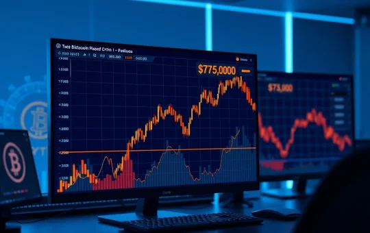 Bitcoin price chart showing decline below $75,000 with market analysis context