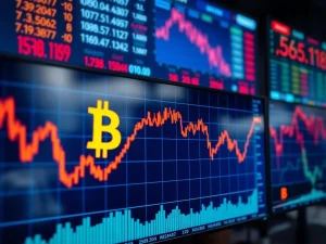 Bitcoin price chart showing decline below $76,000 with market analysis indicators