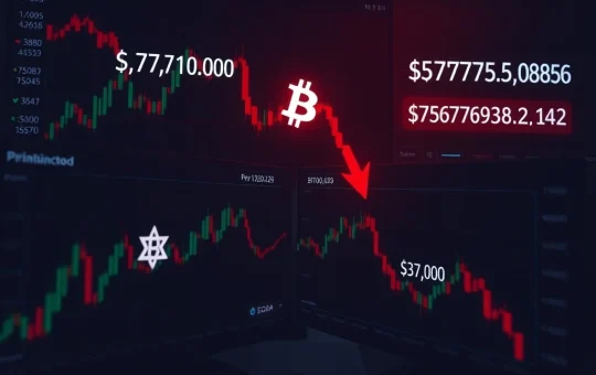 Bitcoin price chart showing decline below $77,000 with market analysis data