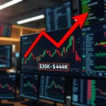 Bitcoin price prediction chart showing potential drop to $44K-$35K range with technical analysis indicators