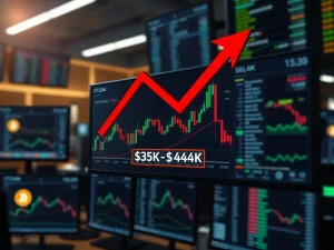 Bitcoin price prediction chart showing potential drop to $44K-$35K range with technical analysis indicators