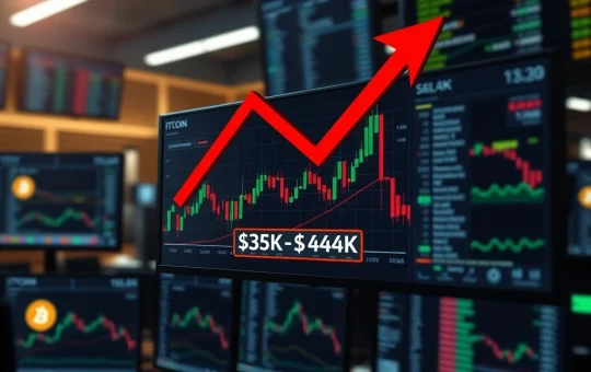 Bitcoin price prediction chart showing potential drop to $44K-$35K range with technical analysis indicators