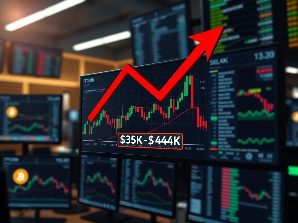 Bitcoin price prediction chart showing potential drop to $44K-$35K range with technical analysis indicators